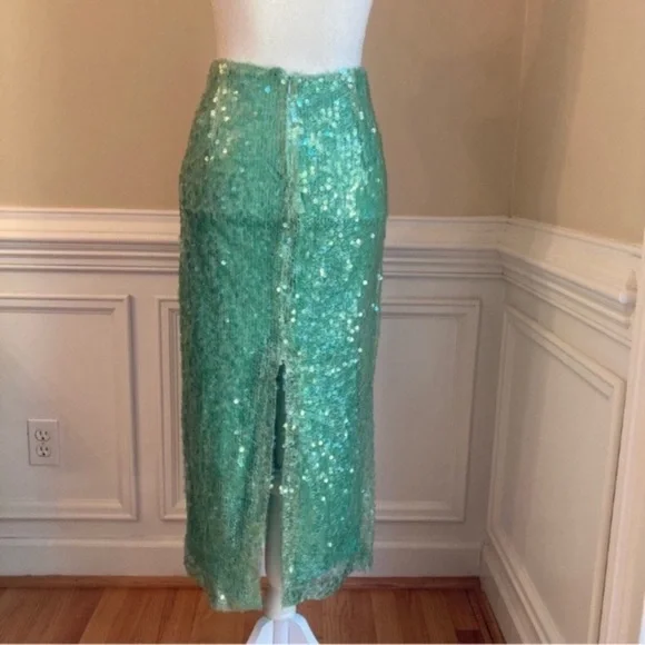 ZARA Sea Green Sequin Lace Pencil Skirt - Picture 6 of 16